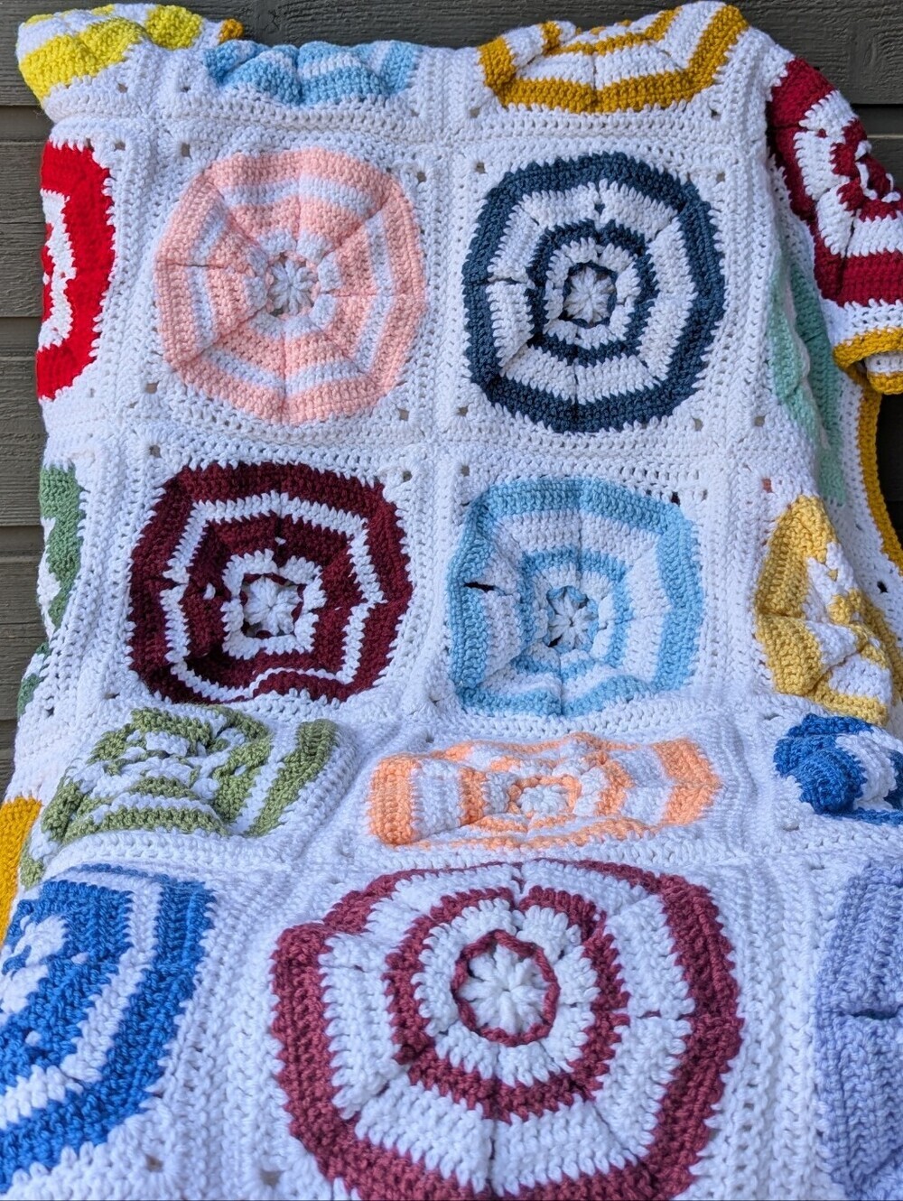 Handmade Crochet Granny Square 3D Knit Floral Blanket Multicolor with White